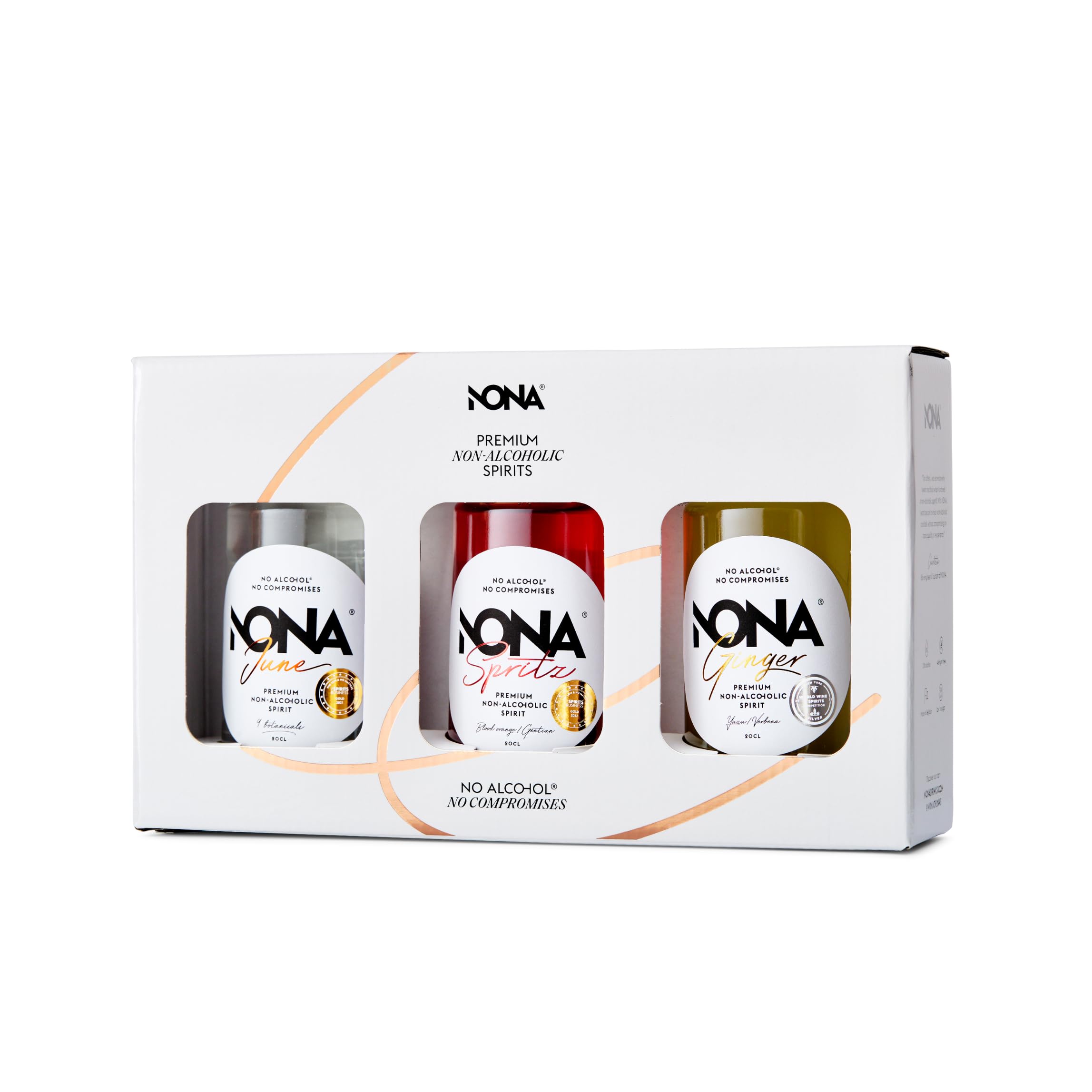 NONA Coffret Dégustation 3x20cl | Spiritueux sans alcool: June, Spritz & Ginger | Avec livret de recettes | Idéal à offrir ou découvrir | 0% vol | Coffret premium aux 3 saveurs uniques