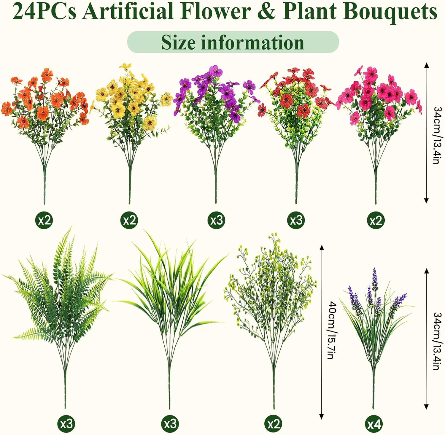Alupssuc 24 Bundles Artificial Flowers for Outdoors Spring Decoration, UV Resistant Faux Eucalyptus Violet and Lavender Silk Fake Plants for Outside Indoor Decor, Red Rose Purple Yellow Orange
