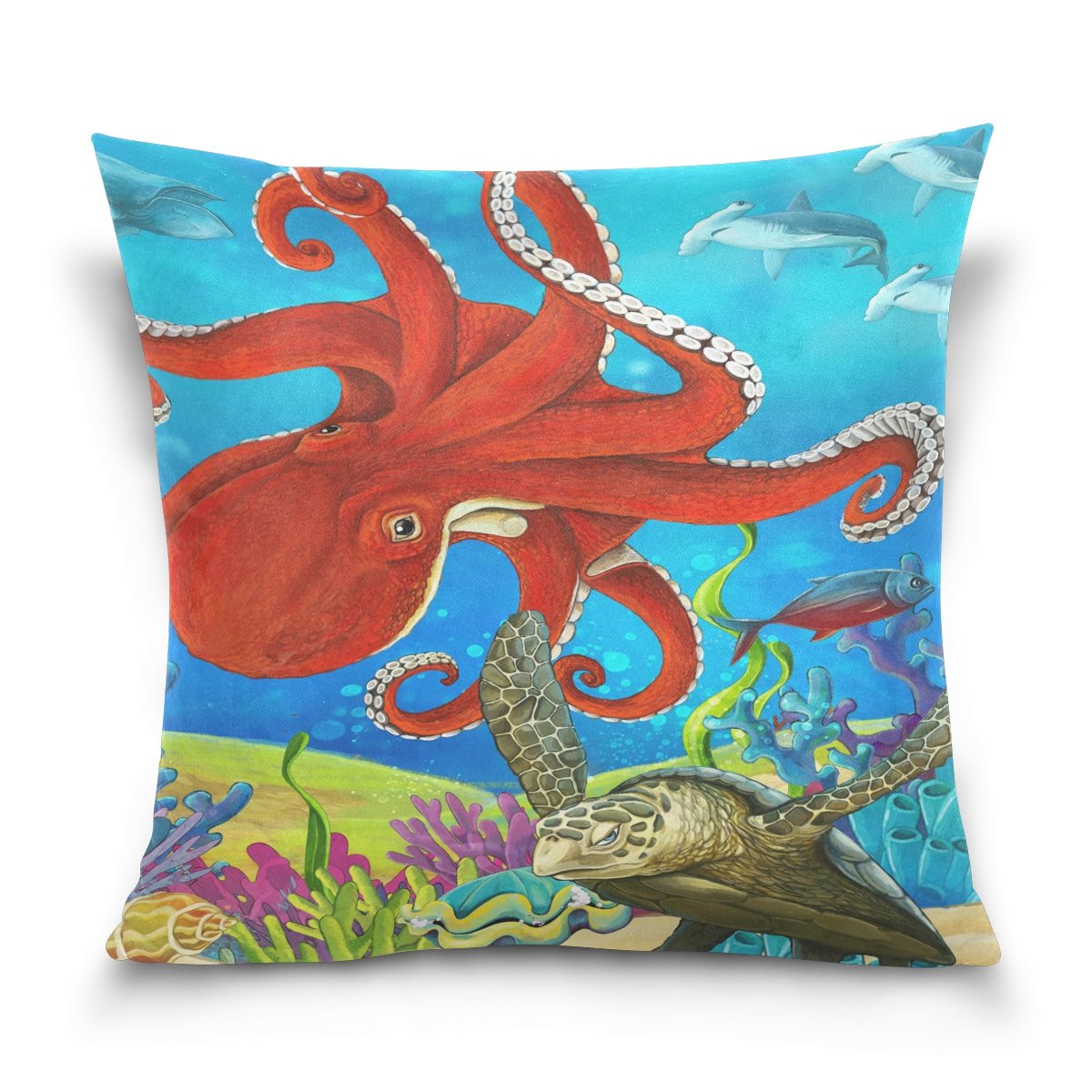 Use7Throw Pillow Case Decorative Cushion Cover Square Pillowcase, Red Octpus Kraken Sea Turtle Coral Reef Sofa Bed Pillow Case Cover(45 x 45cm/18 x 18 Inches) Twin Sides