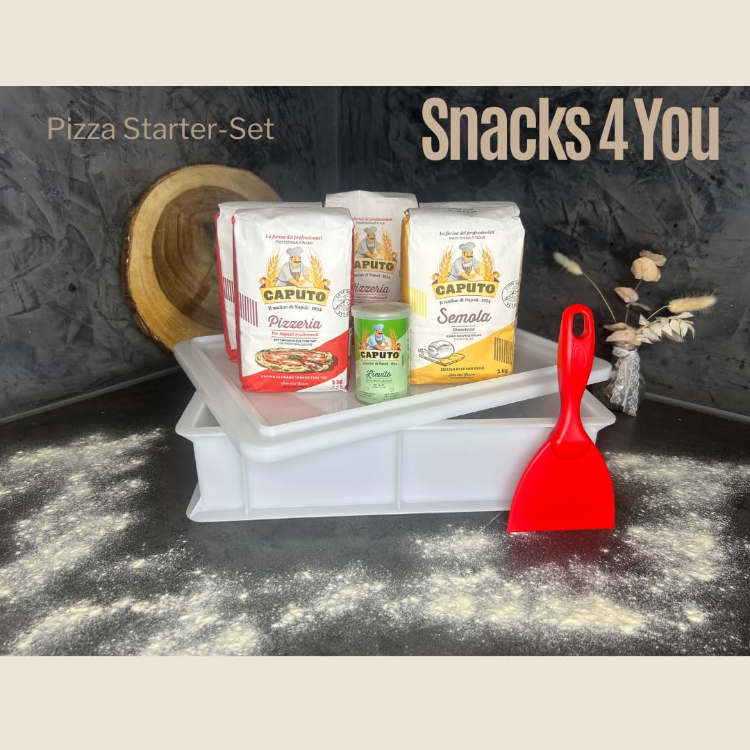 Pizza Starter-Set | Pizzaballenbox mit Deckel 40x30cm, H 10cm + 4x Caputo Pizzeria Mehl + Caputo Semola + Trockenhefe + Pizzaspachtel + Rezept-Karte (Pizza Starter-Set)