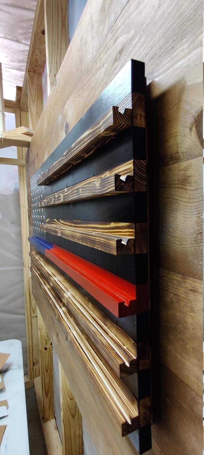 Split Thin Red/Blue Line Challenge Coin Holder Display, Wooden Shelves hold 90-100 Coins, for Military, Police, Law Enforcement, First Responders, Custom Handmade Quality, Made in Texas