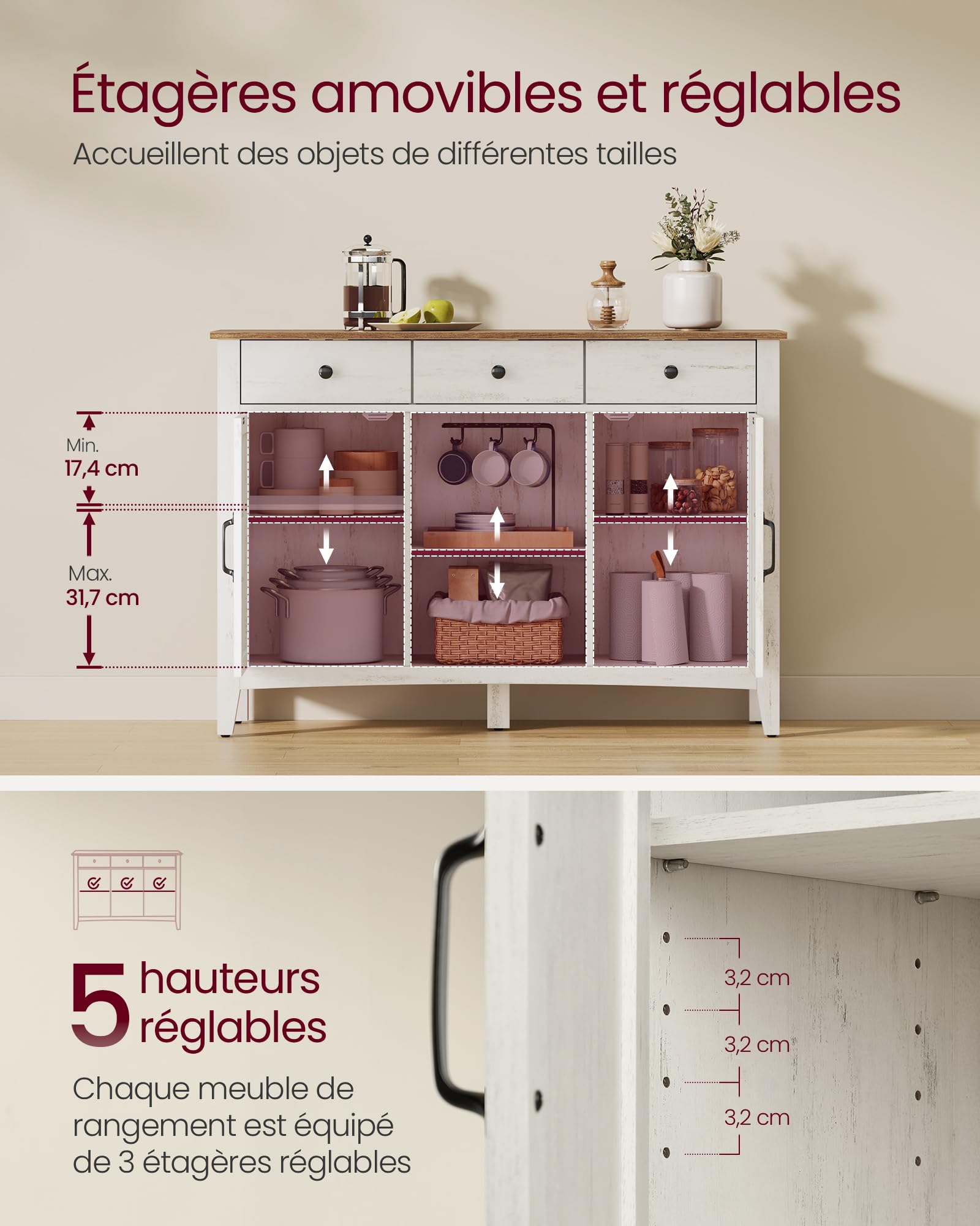 VASAGLE Buffet, Meuble de Rangement avec Tiroir, Meuble de Cuisine, avec Portes, Étagère Réglable, Style Campagne, pour Salon, 40 x 114,5 x 80 cm, Blanc Rustique et Marron Miel BBK371W02V1