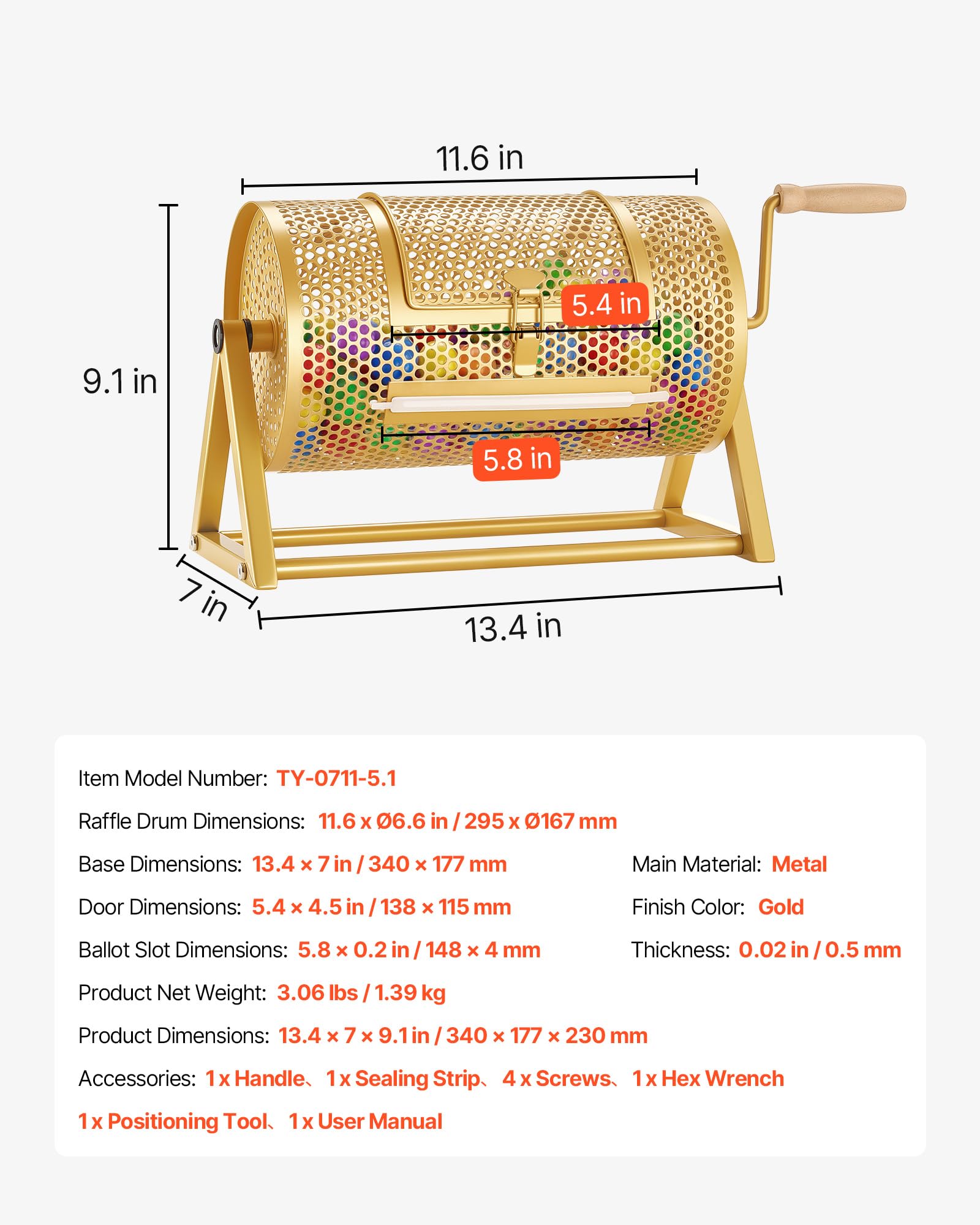 VEVOR Tambour de Tombola, 295x167 mm, Tambour de Loterie avec Poignée, Capacité de 100 Boules ou 2500 Tickets, Support Triangulaire, Boulier de Loto pour Événements, Fêtes, Couleur Or