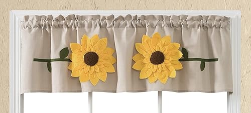 Miniatura 2 de GOHD Very Sunflower Sunny. Juego de 3 cortinas de cocina para cafetería, cenefa recta y juego de niveles. Bordado grande con apliques de girasol 3D