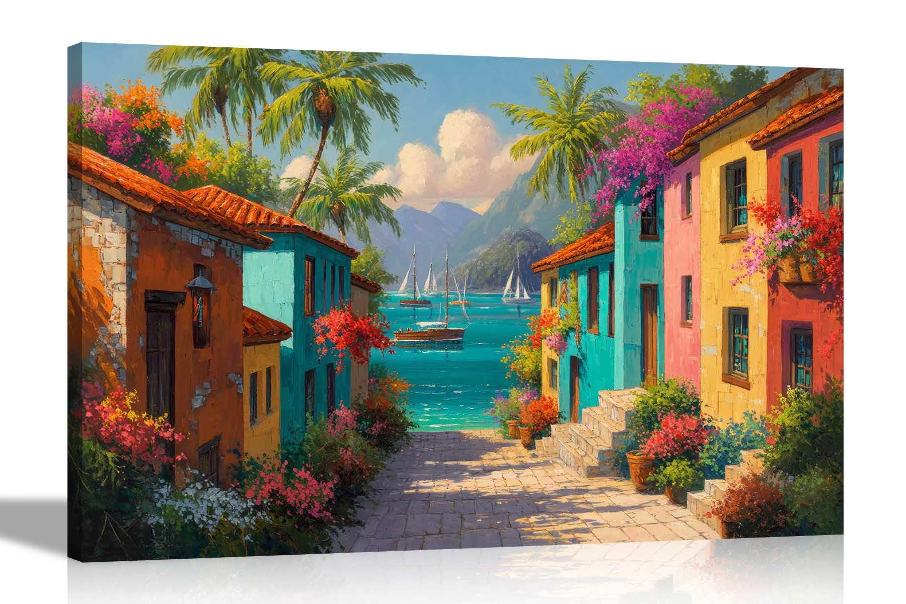 Artley Prints Caribbean Colourful Town - Colourful Caribbean Town Ocean Viewcanvas Wall Art Landscape Print For Living Room Décor Pictures Great Gift 60 X 40Cm (24 X 16 Inches) A2