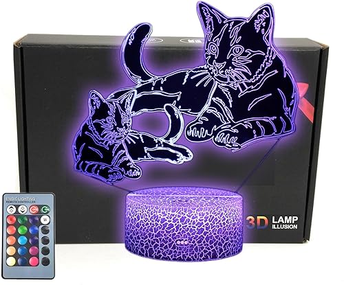 Cats Pet - Lámpara de mesa LED con ilusión 3D, luz nocturna con tarjeta de felicitación, base iluminada, cambio de 16 colores, control remoto,
