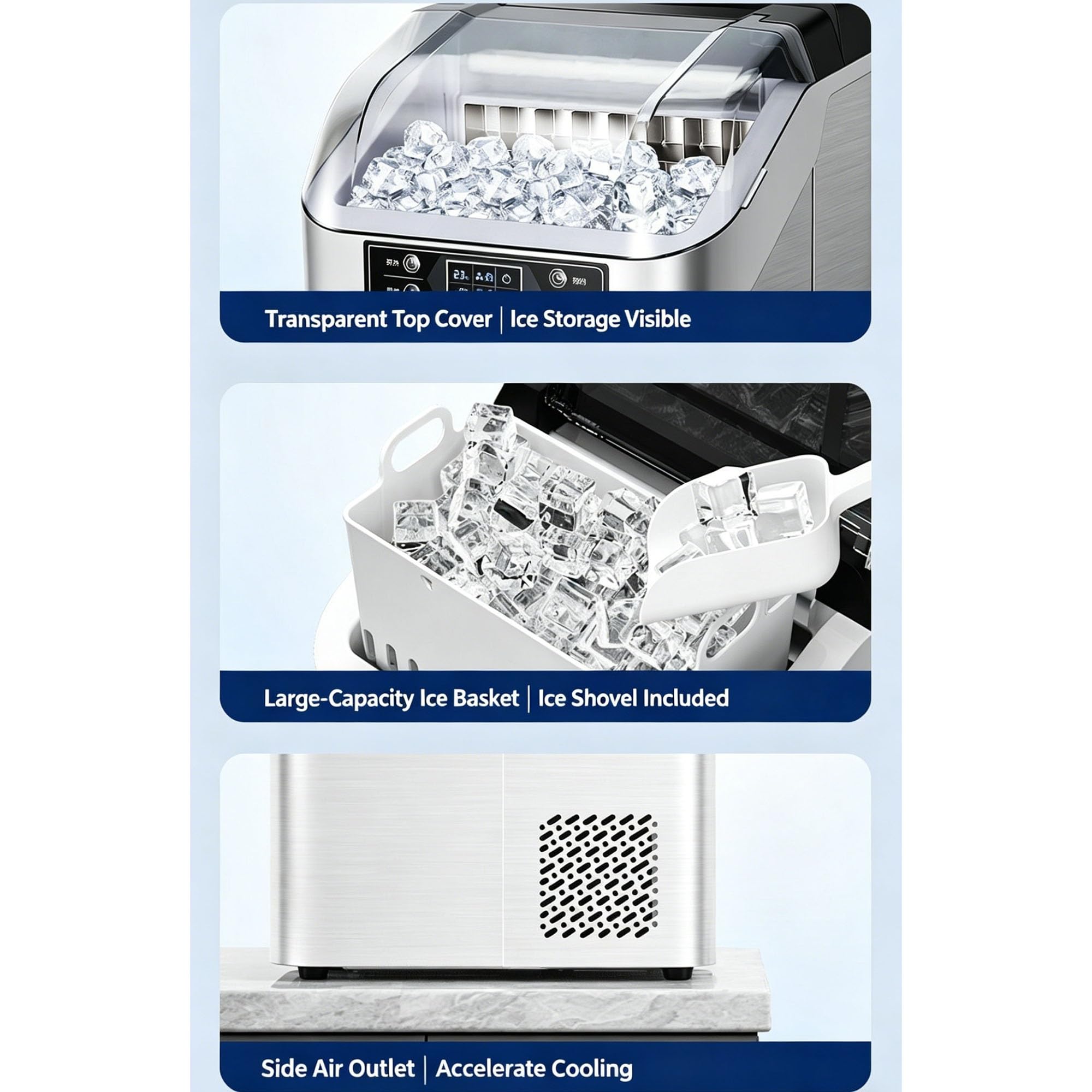 Tisch-Eiswürfelmaschine, Tragbare Eiswürfelmaschine, 30kg/Tag, Intelligentes Display, Auto-Reinigung, für Kleine Partys, Schlafsäle, Camping(B)