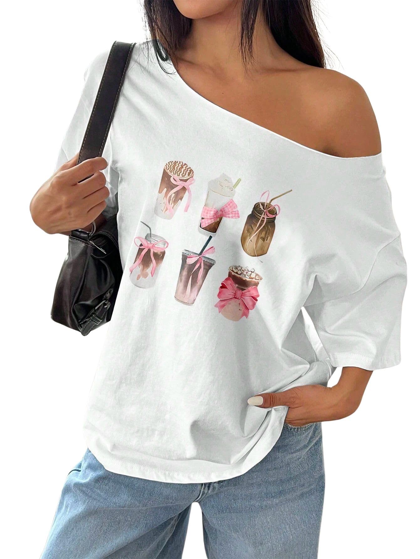 sxv style Women Loose Fit Asymmetrical Neck Y2K Coffee Butterfly Print White Short Sleeve T-Shirt, Oversized Style for Summer-picture-44