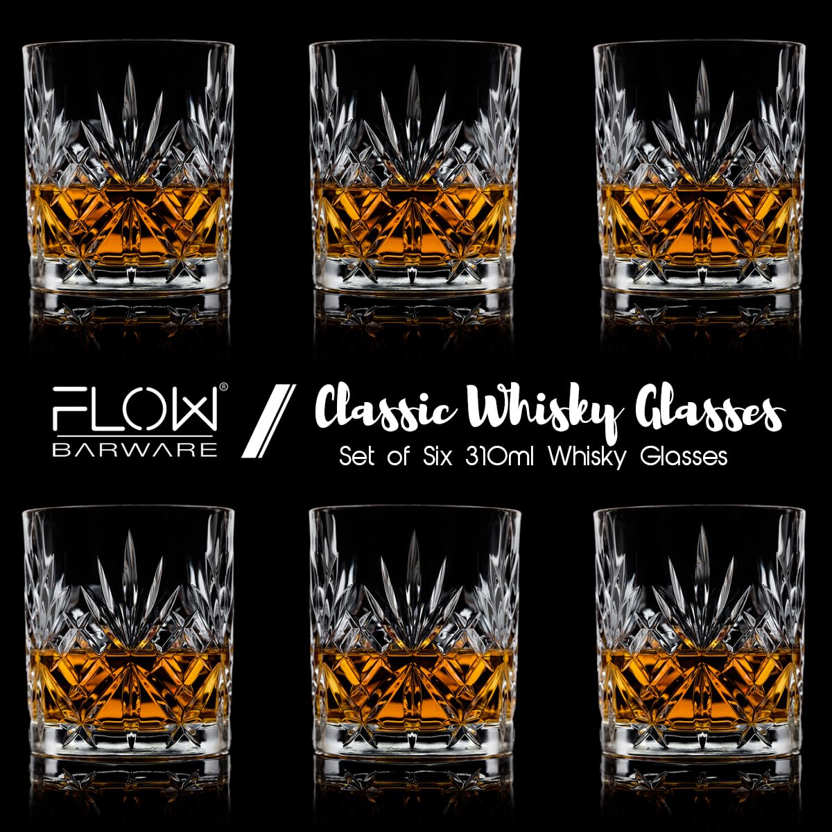 FLOW Barware Set di 6 bicchieri da whisky classici, bicchieri da whisky da 310 ml, set regalo di 6 bicchieri in vetro per rum, scotch, bourbon e bicchieri da acqua