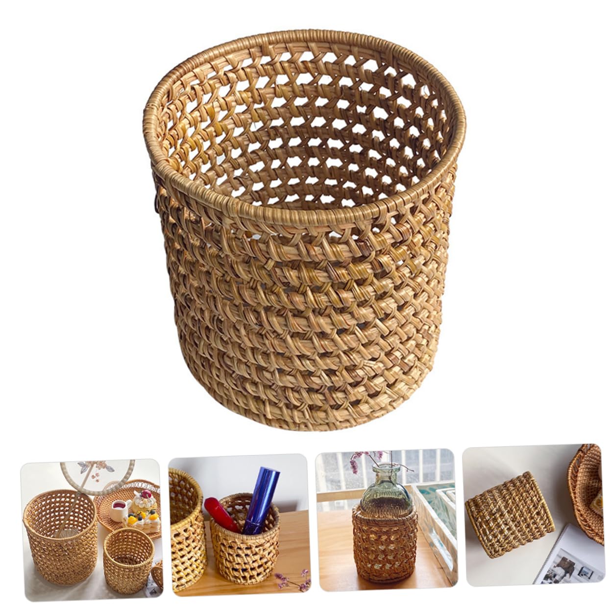 Uonlytech Porte-pinceaux Cosmétiques en Rotin Tissé Robuste, Organisateur Multifonction Élégant pour Bureau et Coiffeuse, Pot à Pinceaux de Maquillage Pratique