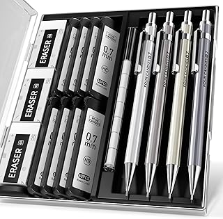 Four Candies 0.7mm Mechanical Pencil Set with Case - 4PCS Metal Mechanical Pencils, 8 Tubes HB #2 Lead Refills, 3PCS 4B Erasers and 9PCS Eraser Refills, Lead Pencils Mechanical for Writing & Drawing