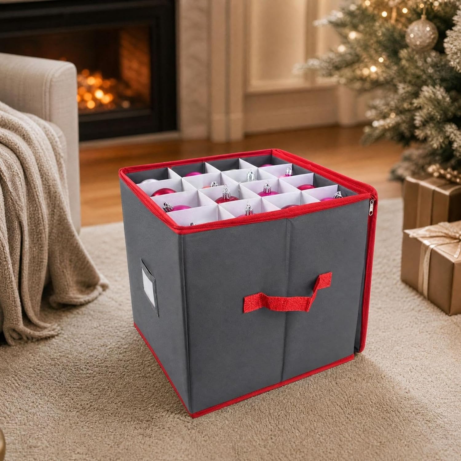 Christmas Ornament Storage Box, with 64 Divided Compartments, Non-Woven Fabric Zippered Organizer Case, Protective Storage Container for Xmas Baubles, Balls & Tree Decor Accessories，Grey