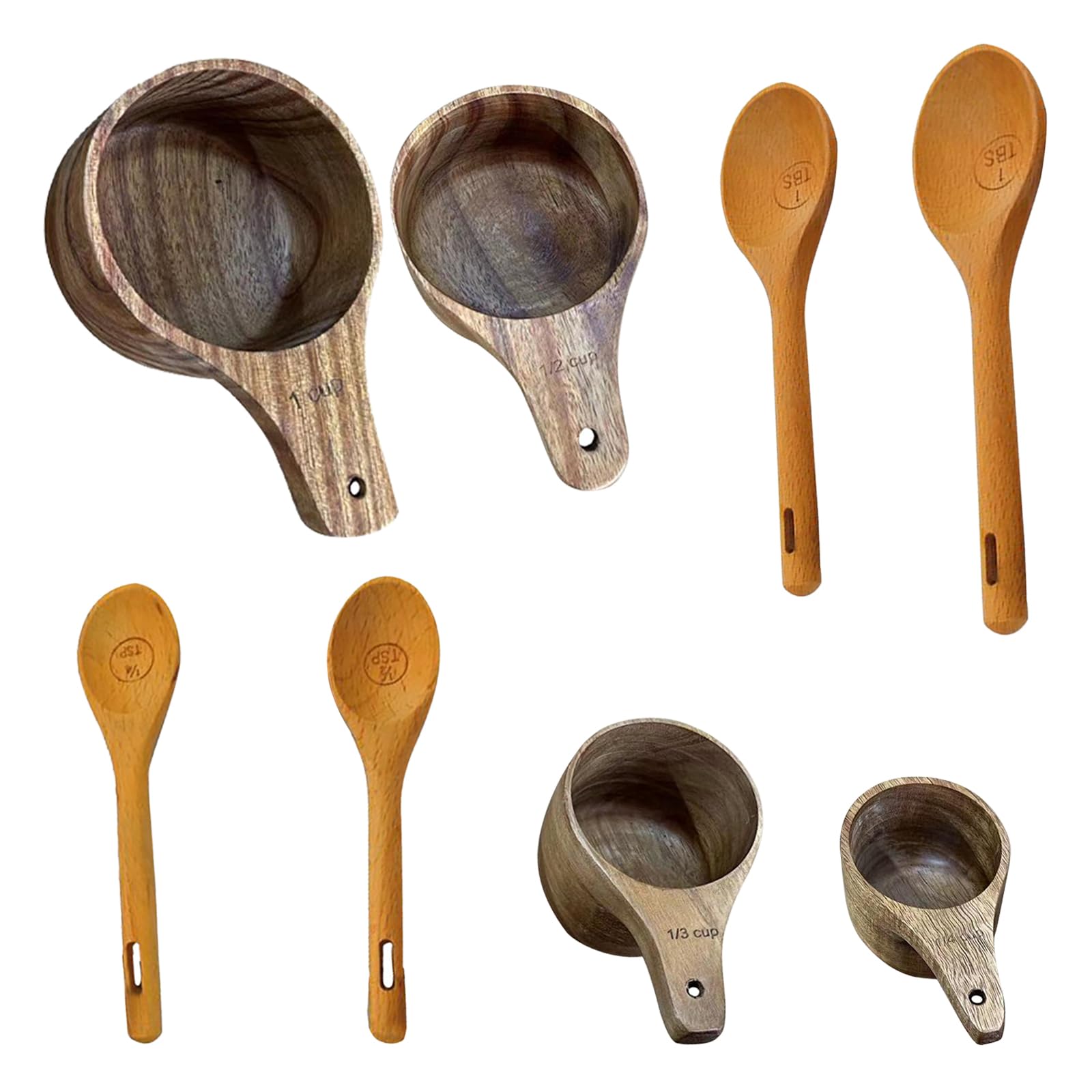 cimsfcor 8 Pcs Wood Measuring Cups and Spoons Sets, Easy to Read Wooden Measuring Cups Measuring Spoons, Stackable Kitchen Measure Tool with Handle for Cooking Baking Measuring Dry Ingredients