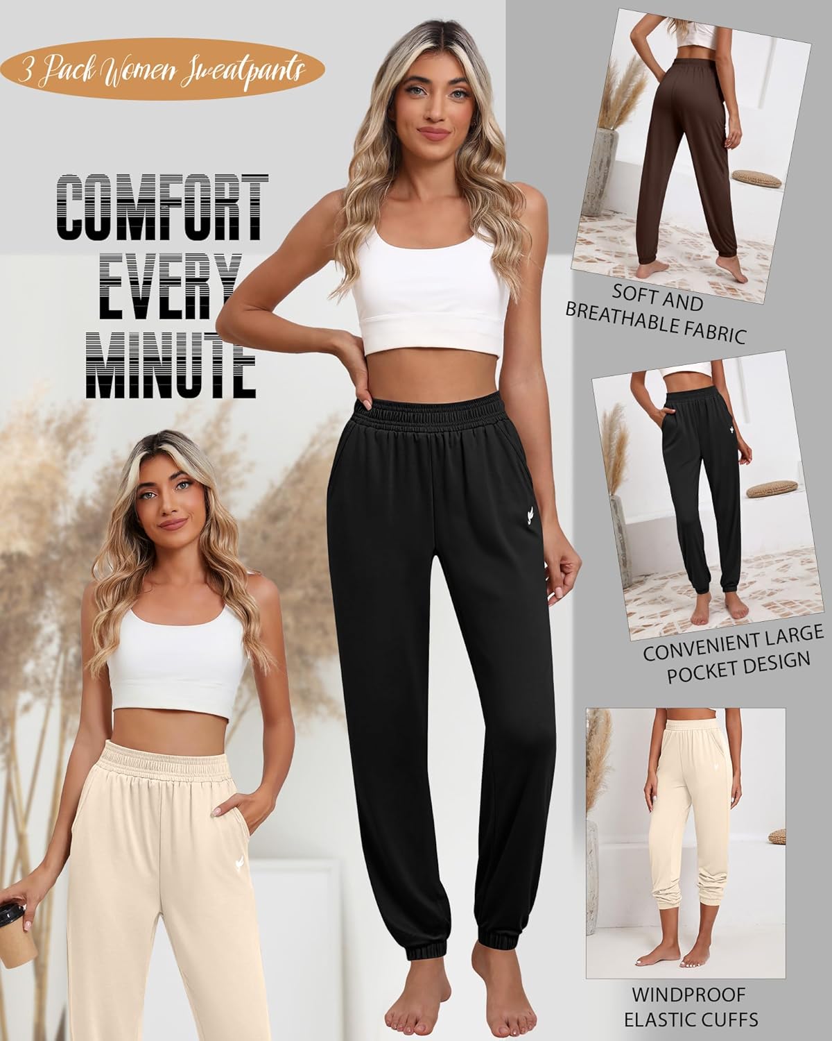 Ficerd 3 Pack Women's Sweatpants Loose Fit Joggers Elastic Tapered Leg Pants Athletic Baggy Lounge Trousers with Pockets - Image 4