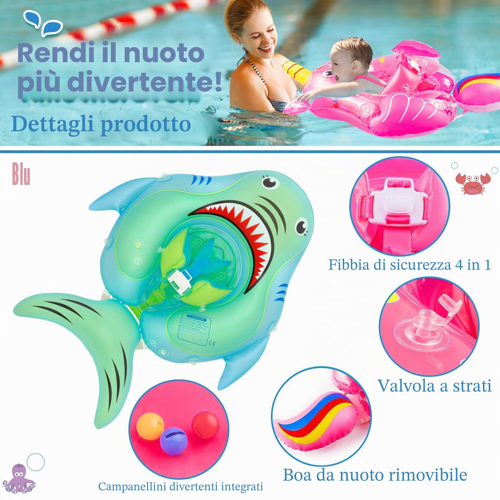 COSORO Gonfiabile per Bambini 10-24 mesi,Galleggiante gonfiabile unicorno rosa per piscina con sedile a baldacchino, coda antiribaltamento,Galleggiante per neonati