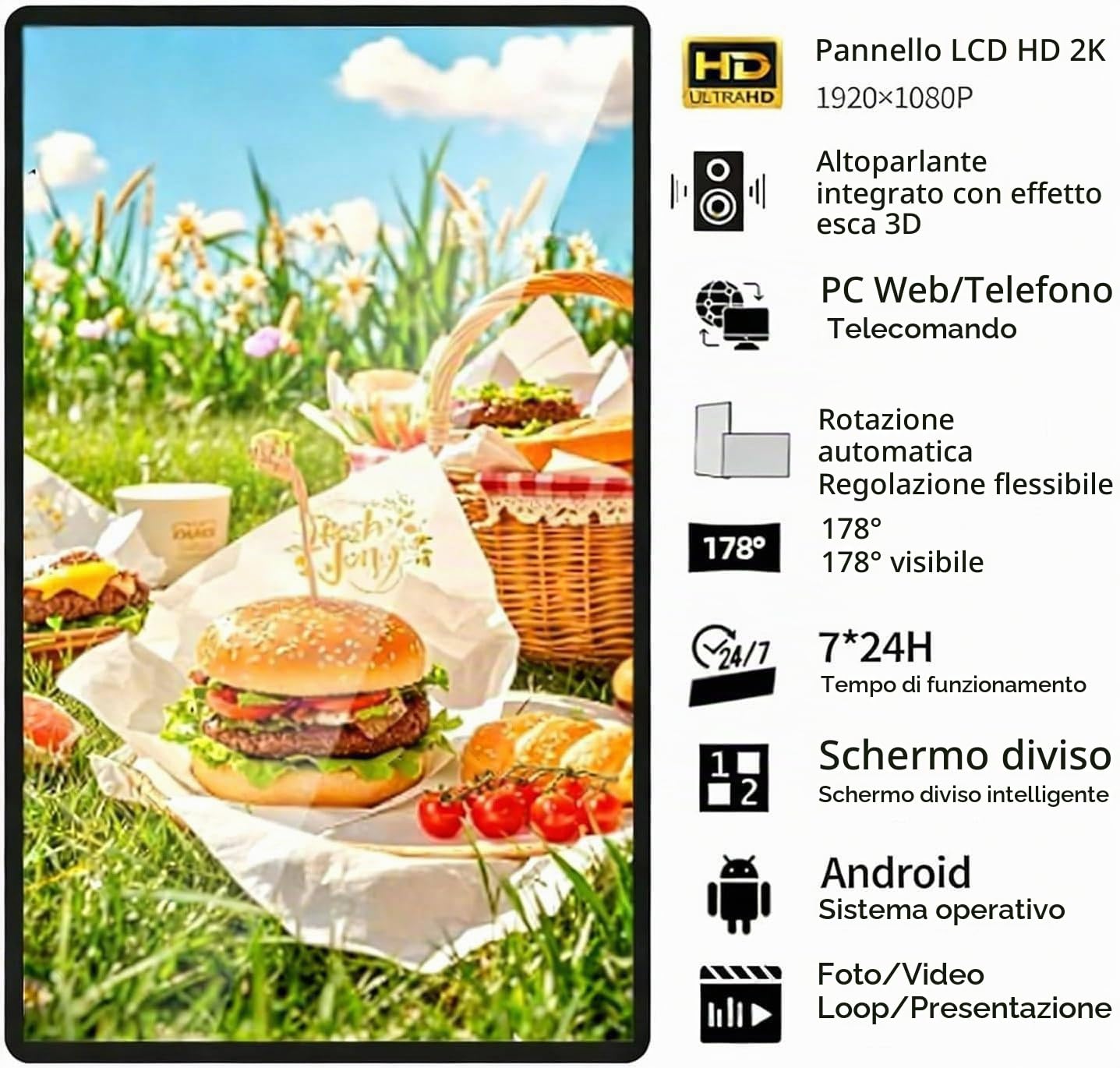Pannello pubblicitario elettronico, schermo LED per la riproduzione di video/immagini, montaggio a parete/incassato, formato orizzontale/verticale,pubblicazione remota/pubblicazione tramite USB 21.5"