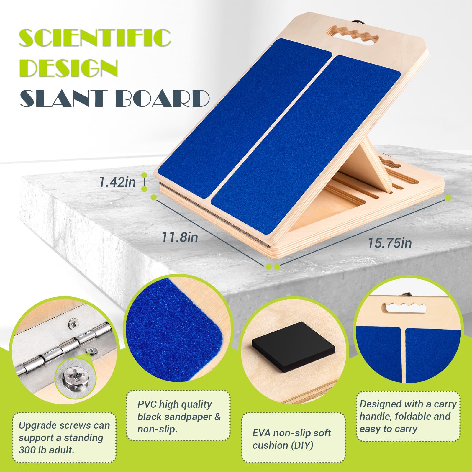 Tabla inclinada para estirar pantorrillas, tabla de equilibrio de madera portátil ajustable para estirador de pantorrillas con póster de entrenamiento, capacidad de peso de 300 libras, cuña elástica