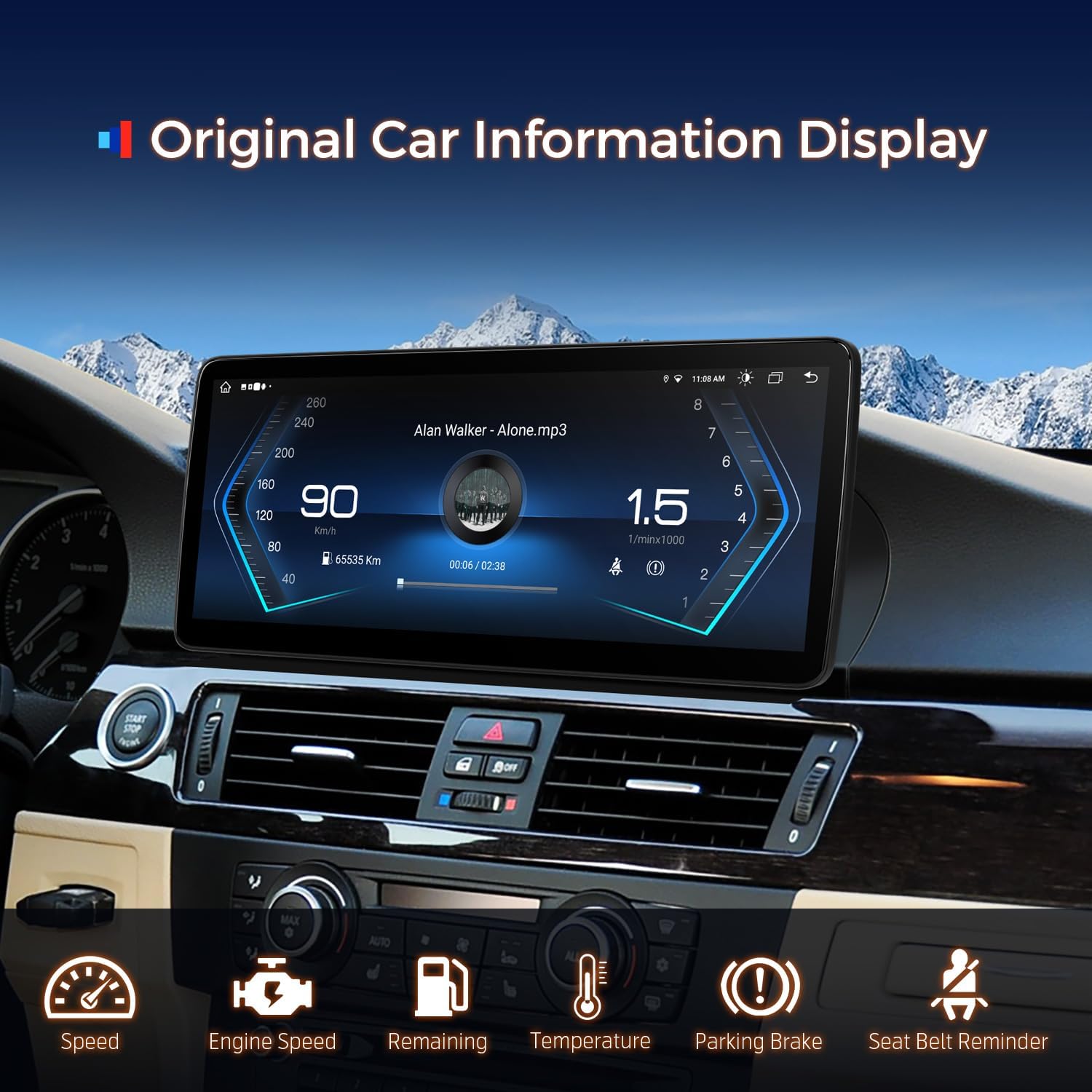 Screenshot of the XTRONS display showing original car information like speed, engine speed, and fuel level.