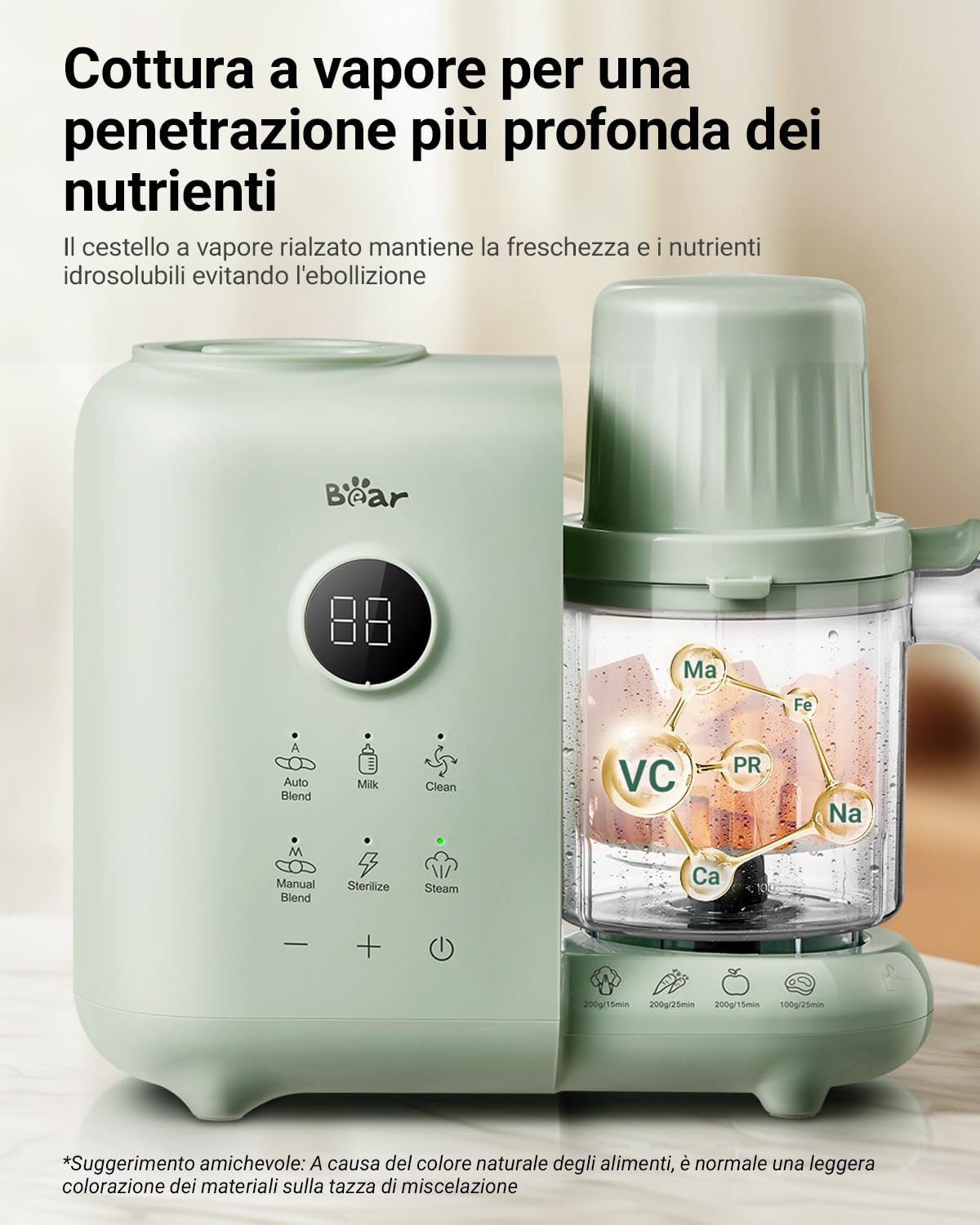 Bear Cuocipappa Mixer Multifunzione 7-in-1 per Bébé - Vapore, Mixer, Pulse, Pulizia Automatica, Sterilizzato, Riscalda, Scongela - Robot Cucina Multifunzione