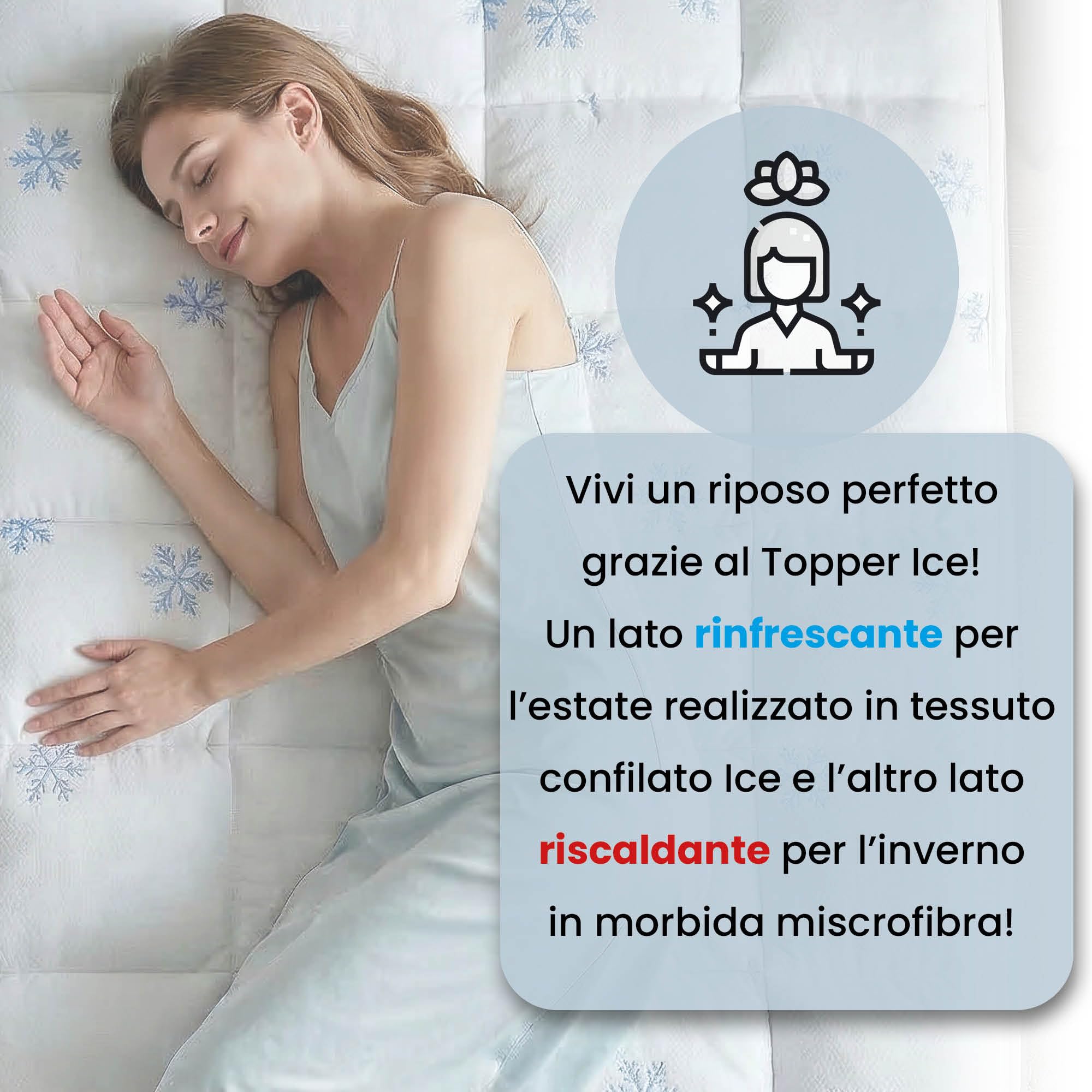 TOPPER ICE - Rinfrescante Matrimoniale 160x195 cm - Refrigerante con Elastici negli Angoli - Double Face, Soffietto 3 cm, Lavabile in Lavatrice a 40 Gradi