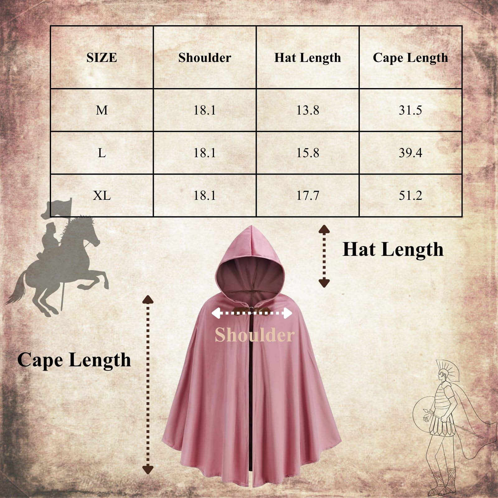 RRCBMD Mens Renaissance Medieval Hooded Cloak Victorian Steampunk Costume Cosplay Pink-130CM - Image 3