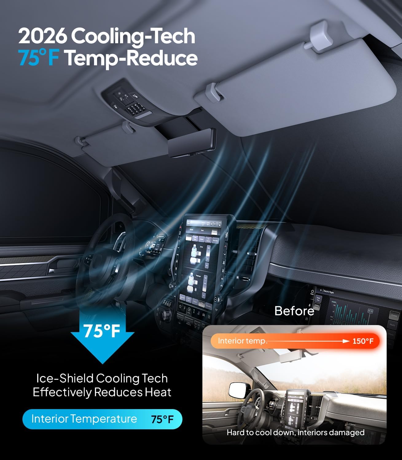 Wigoo 2026 Upgrade 6PCS Full Set Window Sunshade for Dodge Ram 1500 2019-2026 [7-Layer Cooler & Blacker, Ice-Crystal Tech] with Windshield for Sun Block, Baby, Camping, Privacy Napping, Relax