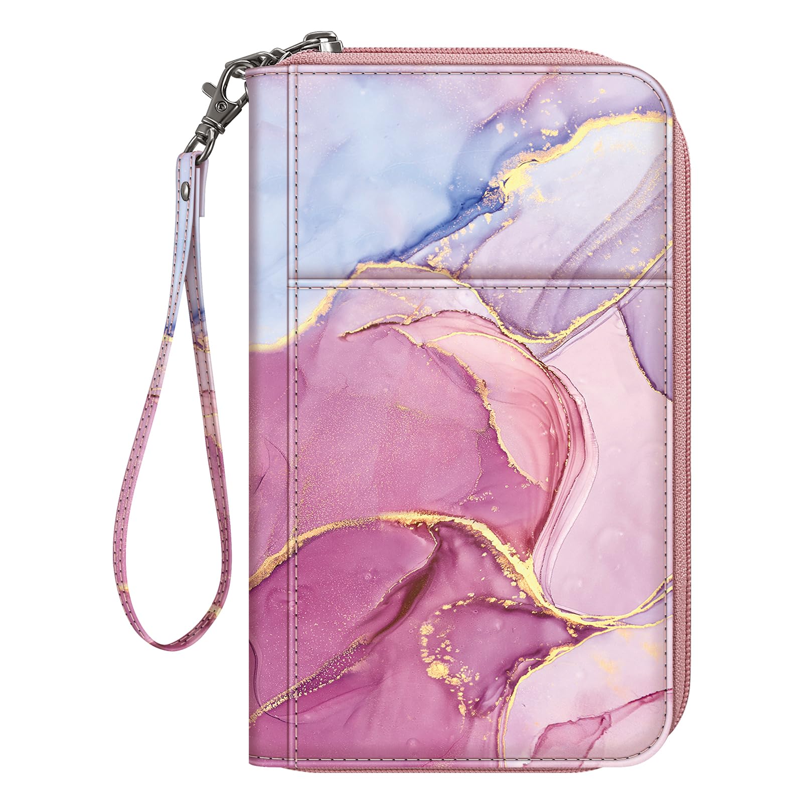 FINTIE Passport Holder Travel Wallet for Family 4-6, RFID Blocking Travel Document Organizer Clutch Bag for Passports, Business Cards, Credit Cards, Boarding Passes, Marble Pink