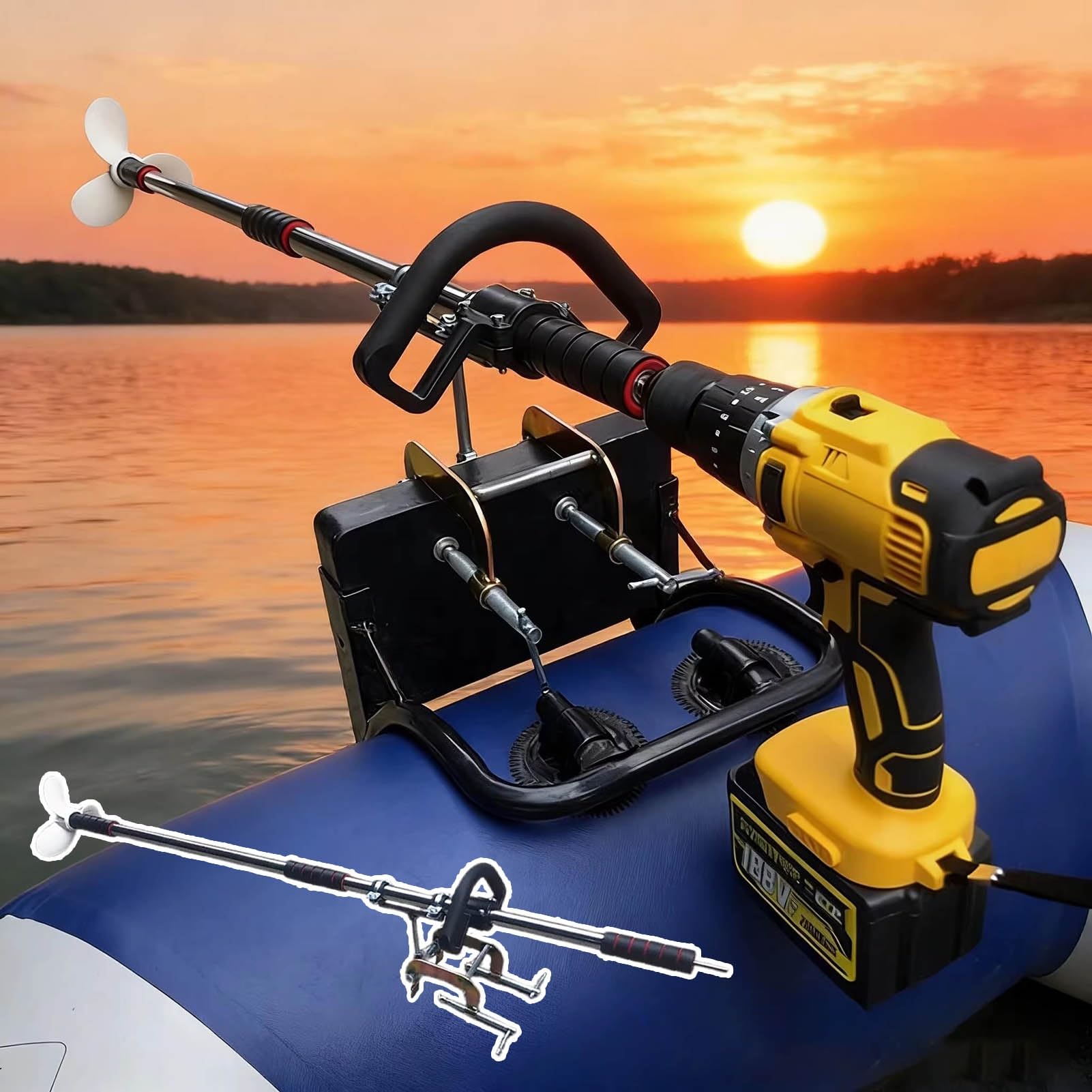 Motor Fueraborda Hélice Portátil Accionada Por Taladro para Exteriores, Motor de Arrastre para Tubos de Pesca, Soporte para Espejo de Popa de Motors Subacuático(With Clamp,L-125cm(49 1/4"))