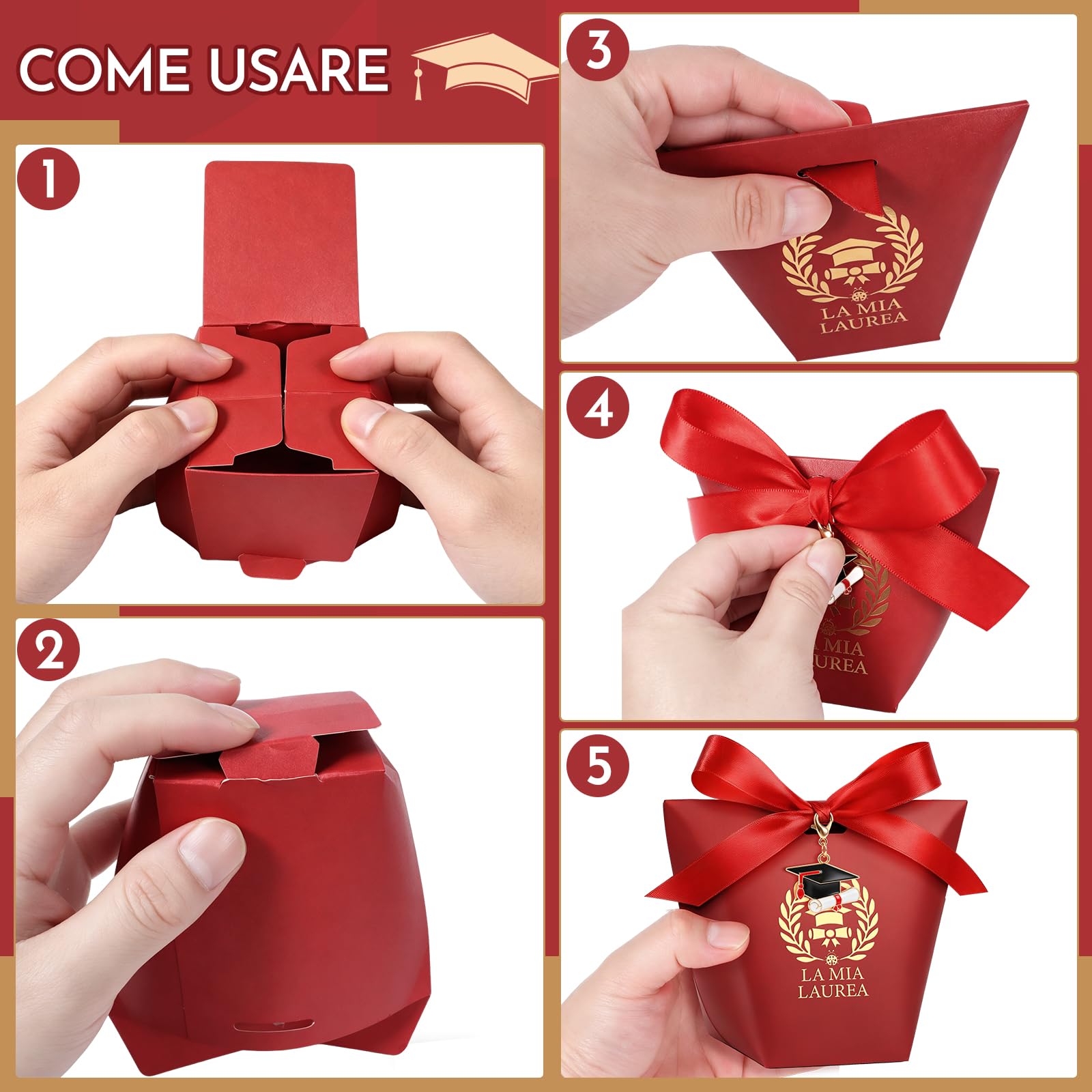 50 Set Scatoline Portaconfetti Laurea, Scatoline portaconfetti per laurea,Sacchettini per Caramelle Gioielli Regalo,per Festa Lauree Congratulazioni Confetti Regal (Rosso)