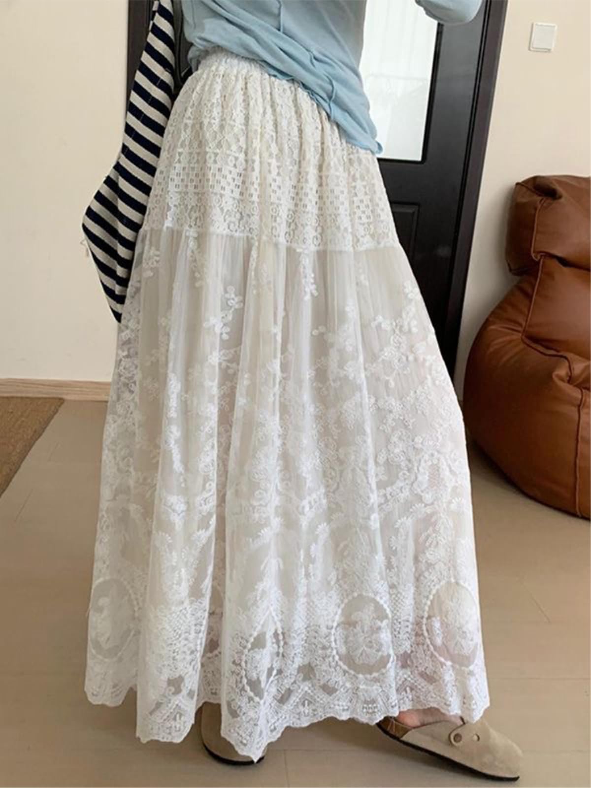 Gonne Donna Abito Maxi in Pizzo Bianco, Gonna Vita Alta A-Line, Abbigliamento Primavera Estate Stile Bohemian