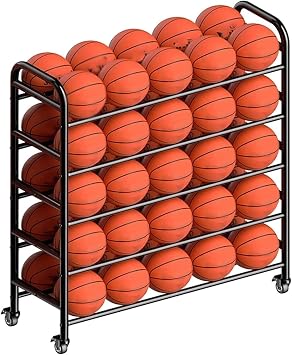 5 Tier Basketball Rack with Wheels Heavy Duty, Steel Ball Storage Rack Training Stand, Sports Equipment Organizer for Gym, School, Club, Basketball Storage Cart
