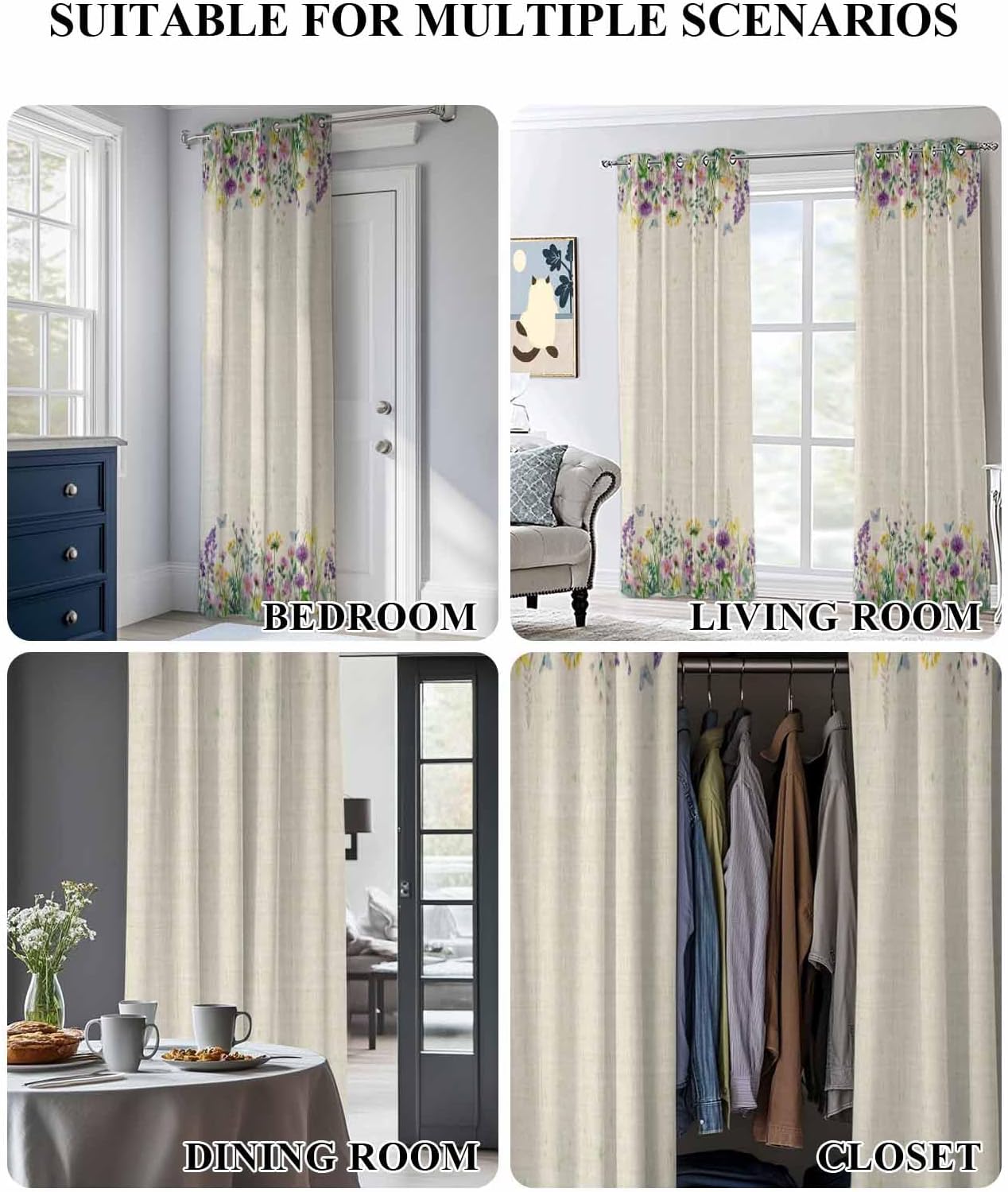 Spring Plants Blackout Door Curtain 78 Inches Long for Bedroom, Thermal Insulated Grommet Black Out Curtains Burlap Background Watercolor Flower Room Darkening Closet Curtain for Doorway Dorm