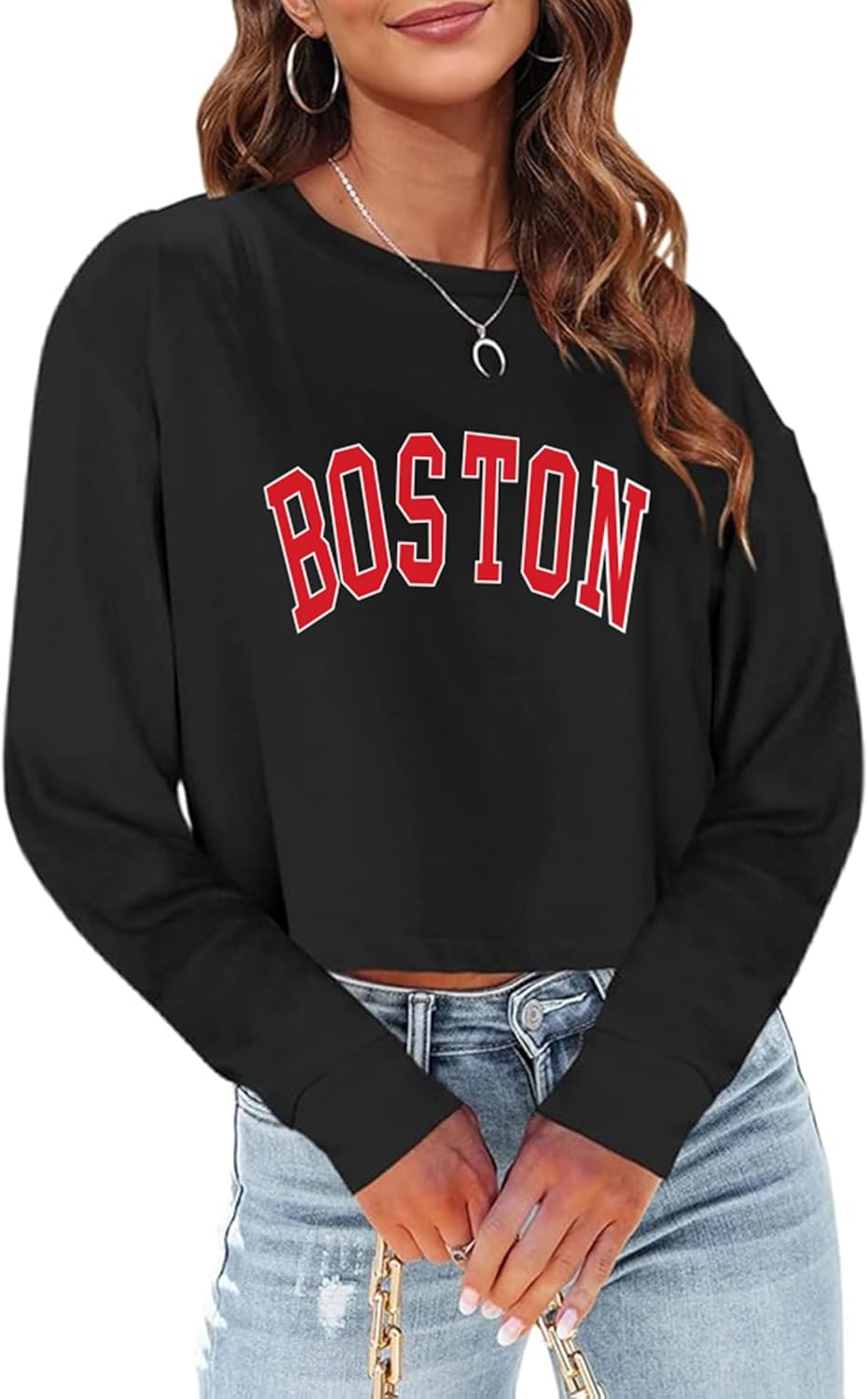 Sumtory Cute Crewneck Sweatshirt for Women Boston Sweatshirt Tops Loose Fit Cropped Pullovers Black XL