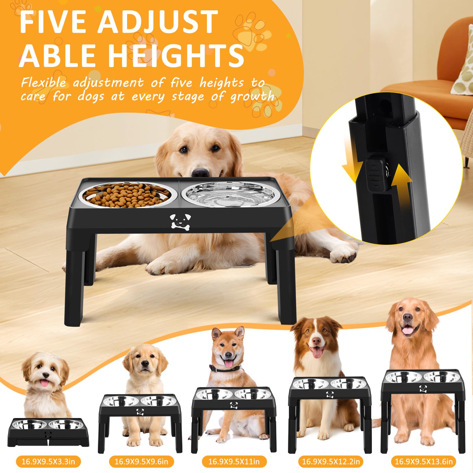 Comedero Perro Elevado de 5 Alturas Ajustables, con 2 Cuencos de Acero Inoxidable de 1,5L, Antideslizante y Plegable, Comederos Elevados para Perros Pequeños, Medianos y Grandes (Negro)