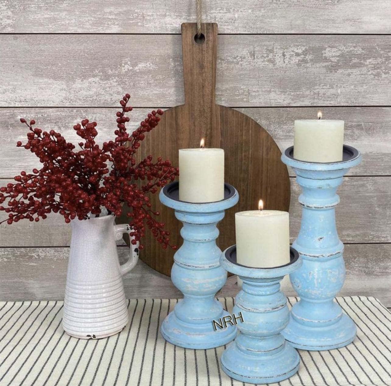 Antique Blue Candle Holders for Pillar Candles (Set of 3) Rustic