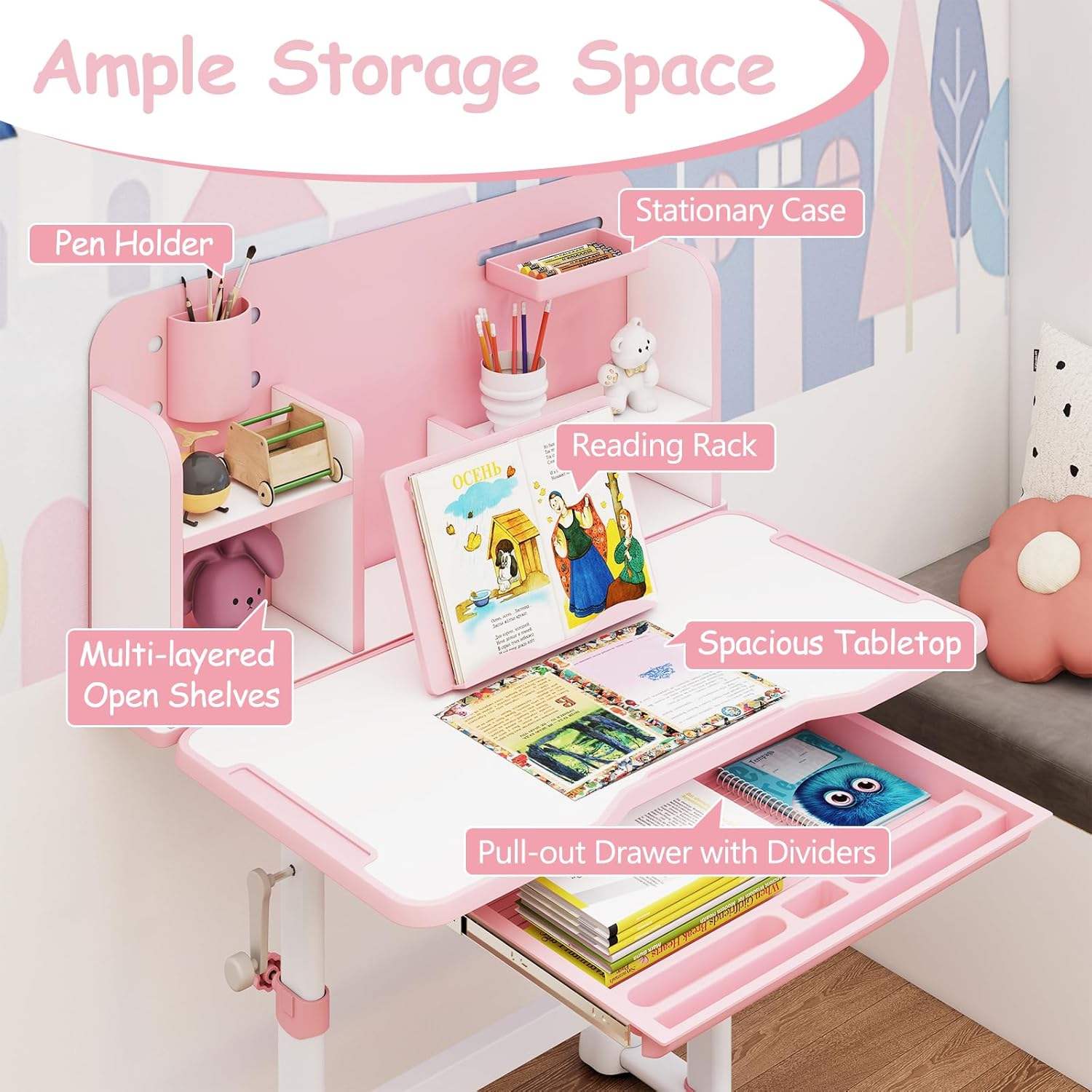 HONEY JOY Kids Desk and Chair Set, Height Adjustable Children School Study Table and Chair w/Tiltable Desktop, Bookshelf, Storage Drawer Hutch, Pen Holder, Student Writing Workstation(Pink)