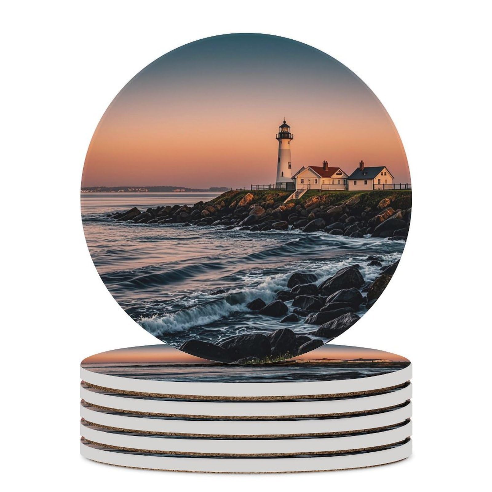 Dessous de verre de table motif phare en céramique et liège isolant thermique