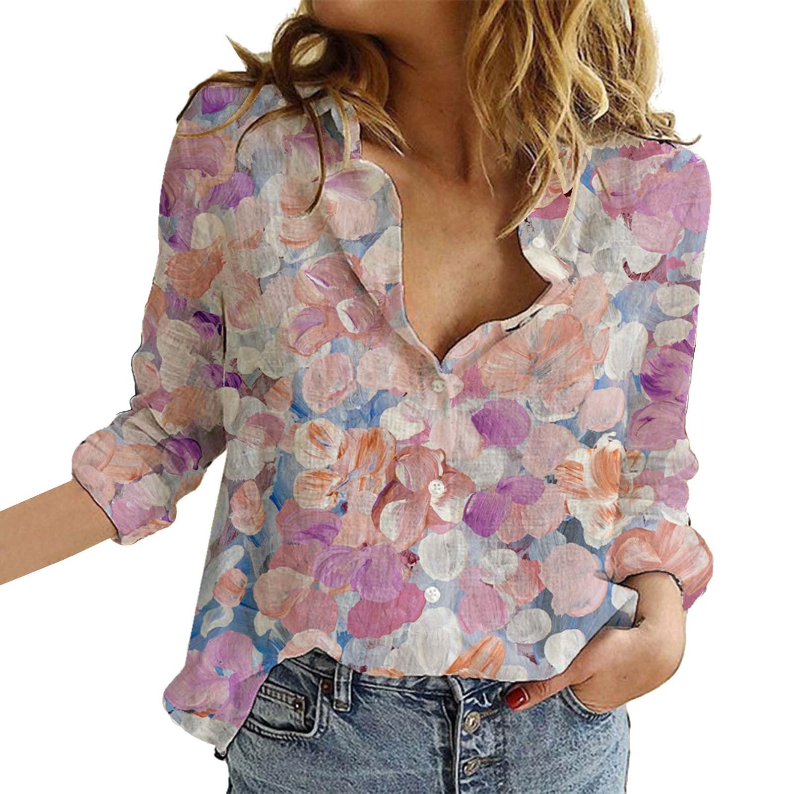 GenericSummer Tops for Women UK Flower Print Button Down Long Sleeve Shirt Casual Floral V Neck Graphic Blouses Top Extra Womens T Shirts