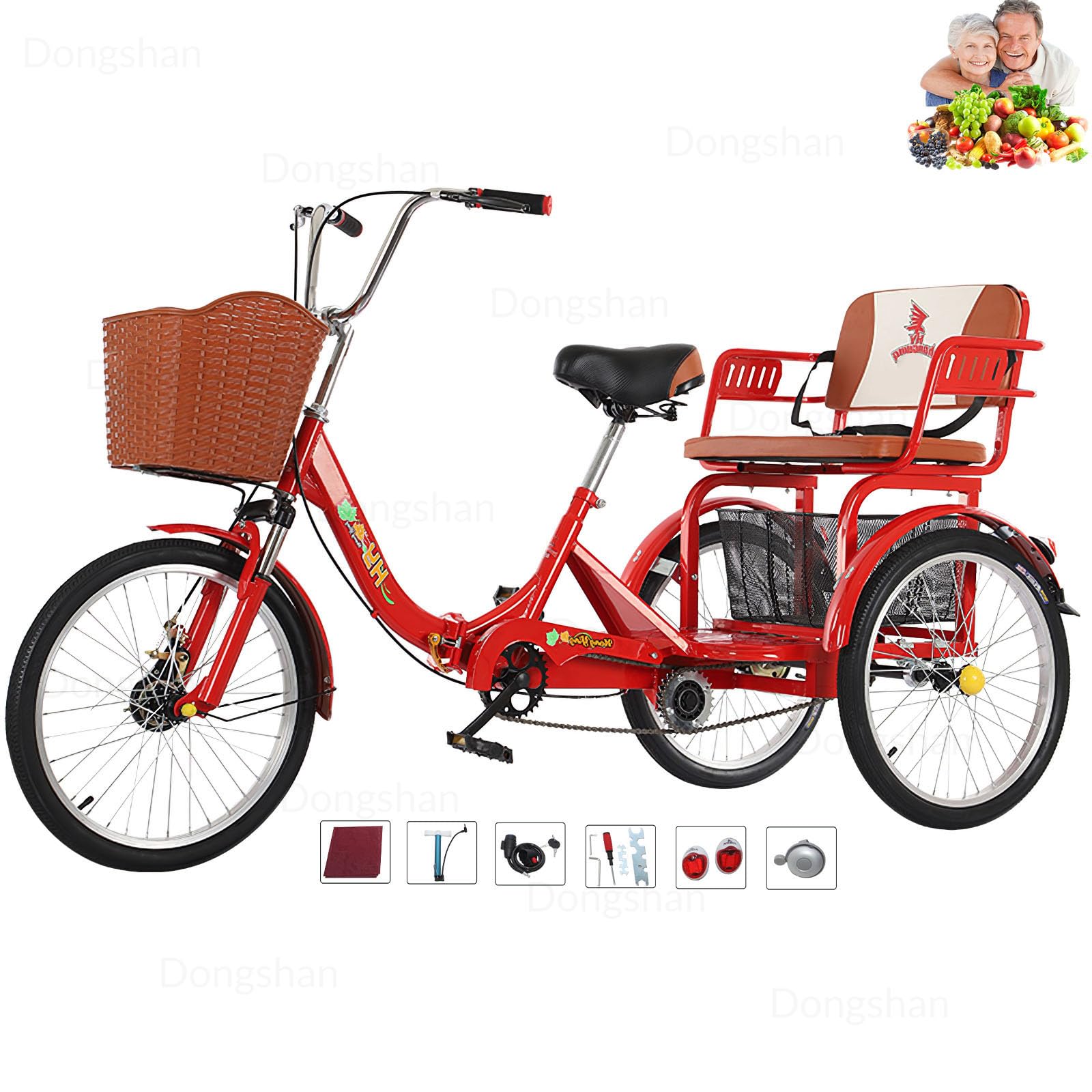 Tricycle Adult Folding Bicycle Comfortable seat 3 Wheel Bicycle Rear Enlarged Vegetable Basket Double Chain 20/24in for Parents and Children Maximum Load 440lbs 7speed