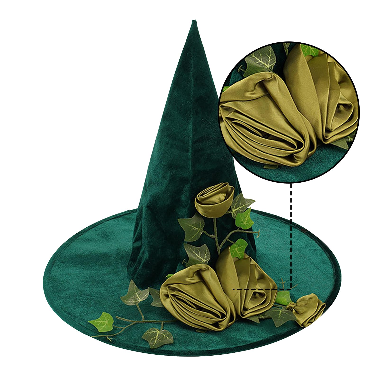 NICEYEA Halloween Witch Hat Green Wizard Hat with Rose Flower Wide Brim Magic Cap Fancy Dress Carnival Costume Christmas Party Cosplay Accessories - Image 4