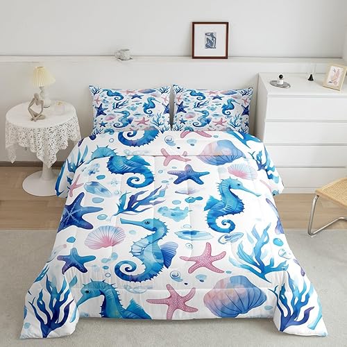 Miniatura 37 de Juego de edredón de olas oceánicas, tamaño Queen, juego de ropa de cama náutica retro con brújula de faro para mujeres, hombres y niños, decoración