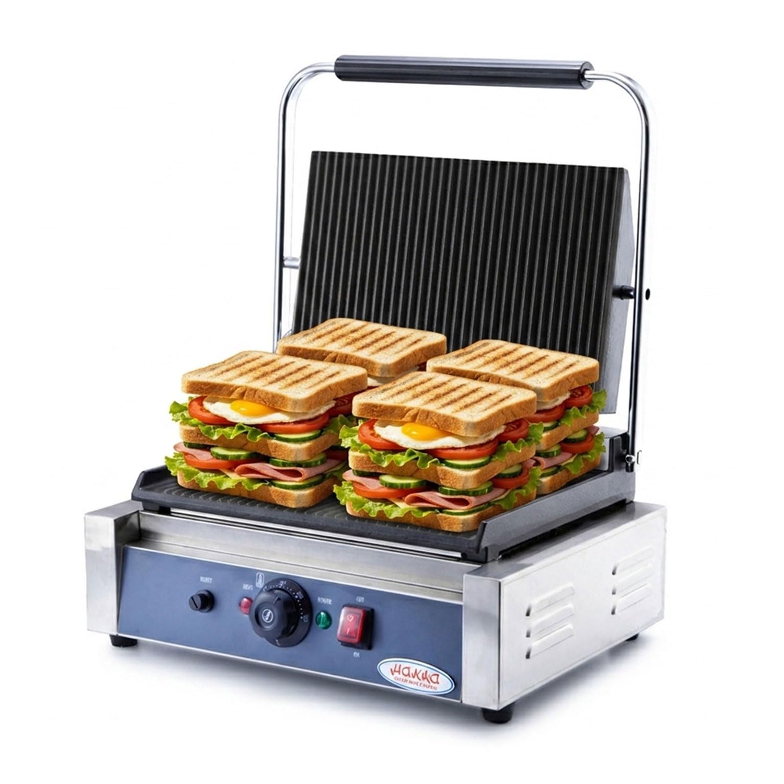 Hakka Electric Panini Press Grill, Commercial Contact Sandwich Toast Maker Non-Stick Ribbed Wider Plate 50-300℃ Temp Control Catering Machine for Making Breakfast, Steak, Hamburgers — image 1