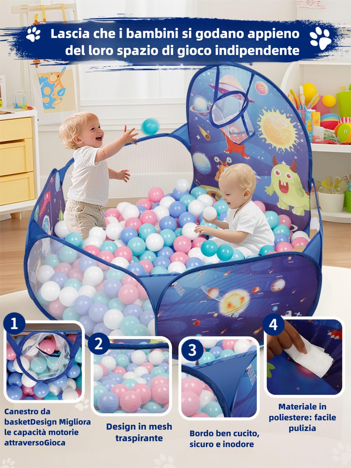ZimiTeda Vasca Palline per Bambini con Gattini e Cagnolini - con Canestro da Basket, Pieghevole, per Interni/Esterni - 120 cm (Palline Non Incluse) (Space Rocket)