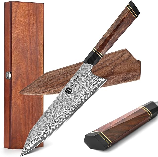 XINZUO Nóż szefa kuchni ze stali damasceńskiej 21,5 cm, ręcznie kuty, Kiritsuke, profesjonalny nóż kuchenny, pustynny uchwyt żelazny z czarną pochwą z orzecha włoskiego i skrzynką z drewna