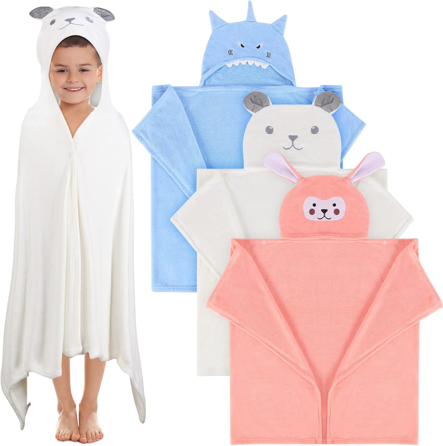 Moukeren 3-Pack Hooded Bath Towels for Kids 3-10 Years - Soft Absorbent Coral Fleece, Cute Animal Hoods, 27.5x50 Inch Large Toddler Towels