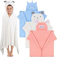 Moukeren 3-Pack Hooded Bath Towels for Kids 3-10 Years - Soft Absorbent Coral Fleece, Cute Animal Hoods, 27.5x50 Inch Large Toddler Towels