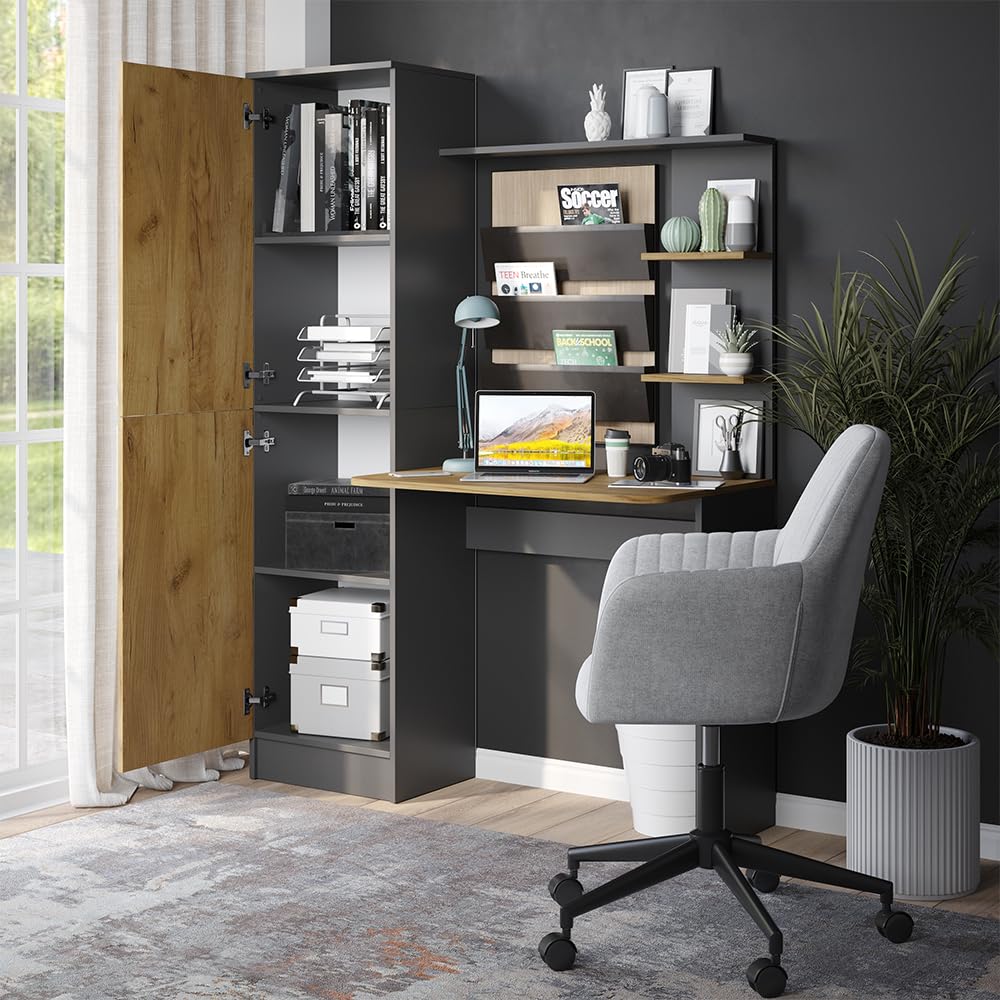 Vicco Bureau Tessa, Anthracite/chêne doré, 122.9x52cm, avec étagère pour Espace de Rangement supplémentaire