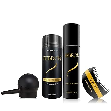 FEBRON Full Tool Kit 4 Items 30gm Hair Building fibers Bottle, 150ml FiberHold Spray, Pump, Hairline Optimizer Auburn