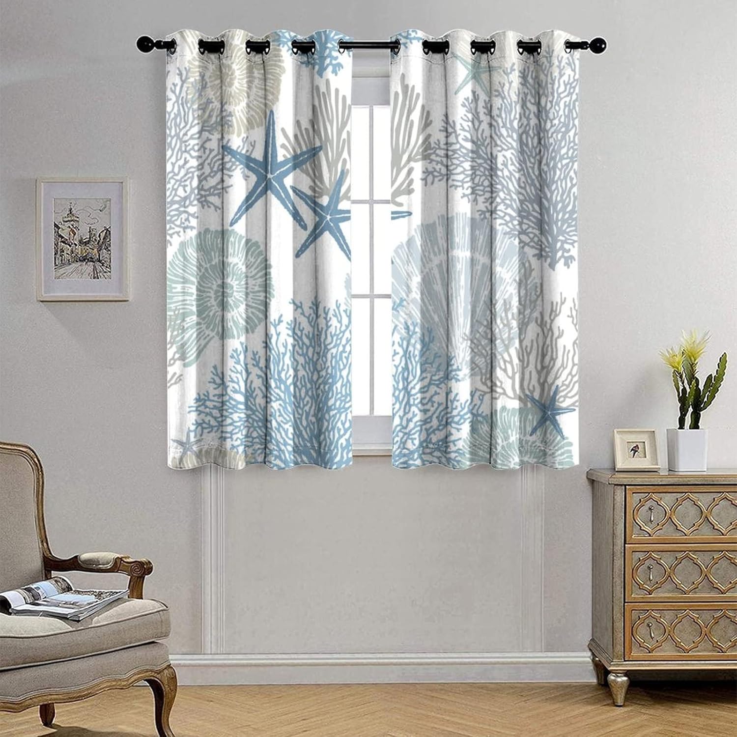 Abstract Nautical Coastal Curtains,Watercolor Beach Ocean Theme Starfish Seashell Coral Window Treatments Thermal Insulated Grommet Blackout Curtains for Bedroom 2 Panels 63L x 21W