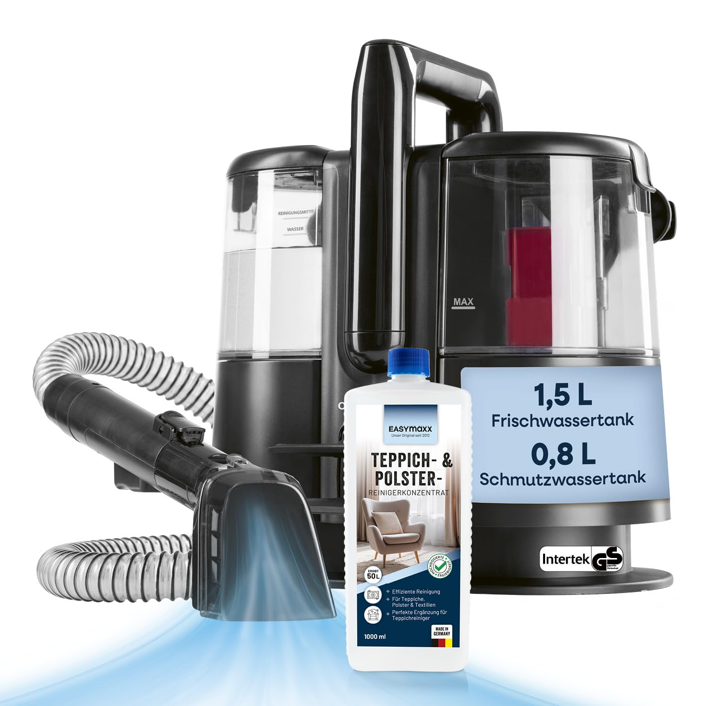 CLEANmaxx Pro Polsterreiniger Gerät 400W | kraftvoller Waschsauger mit 2 Düsen | für Sofa Auto Teppich Polster | inkl. Teppichshampoo für intensive Fleckenreinigung